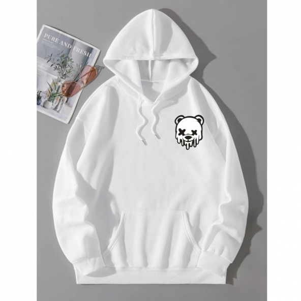 NO 601  BEYAZ KAPŞONLU baskılı oversize unisex sweatshirt - 2