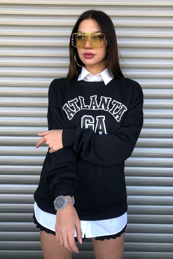 NO 601  Unisex Atlanta Ga Baskılı Siyah Oversize Sweatshirt - 2