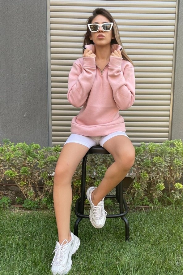 NO 601  pudra dik yaka fermuarlı kadın sweatshirt - 2