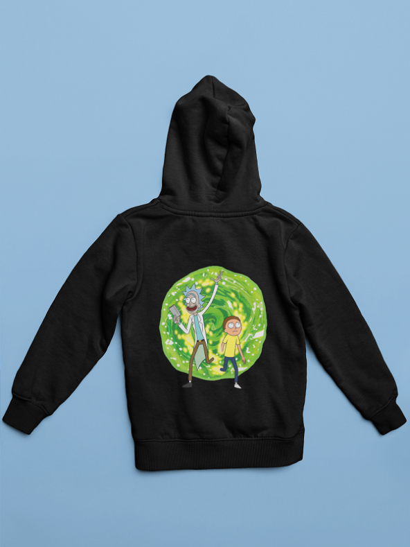 NO 601  Unisex Siyah Rick and Morty Baskılı Sweatshirt Hoodie