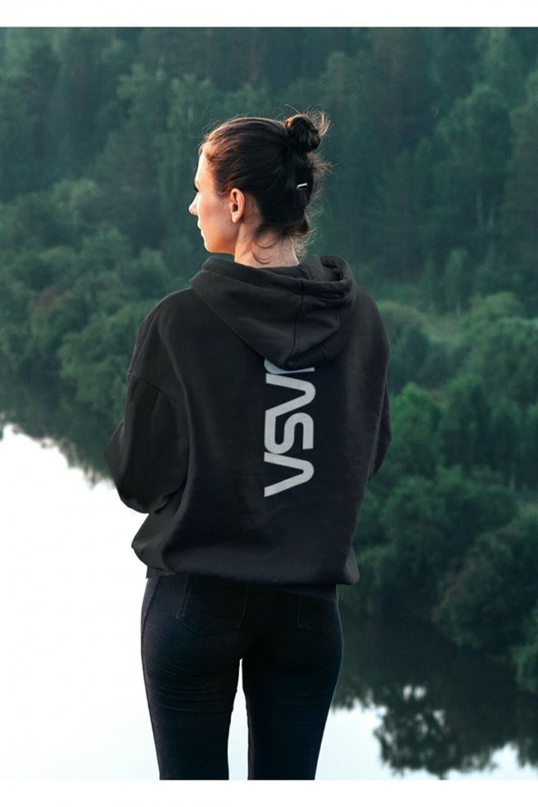 NO 601  Kadın Siyah Nasa Sırt Baskılı Kapüşonlu Sweatshirt Hoodie