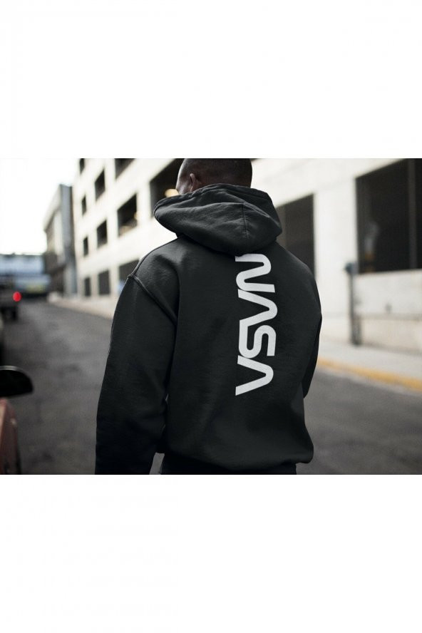 NO 601  Erkek Siyah Nasa Sırt Baskılı Kapüşonlu Sweatshirt Hoodie