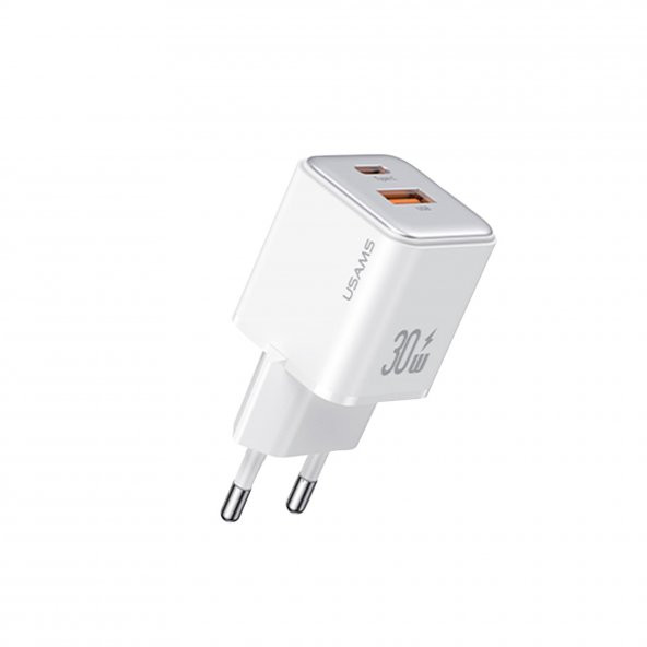 Usams US-CC189W 30W QC+PD (Type-C+USB) Mini Hızlı Şarj Başlığı-Beyaz