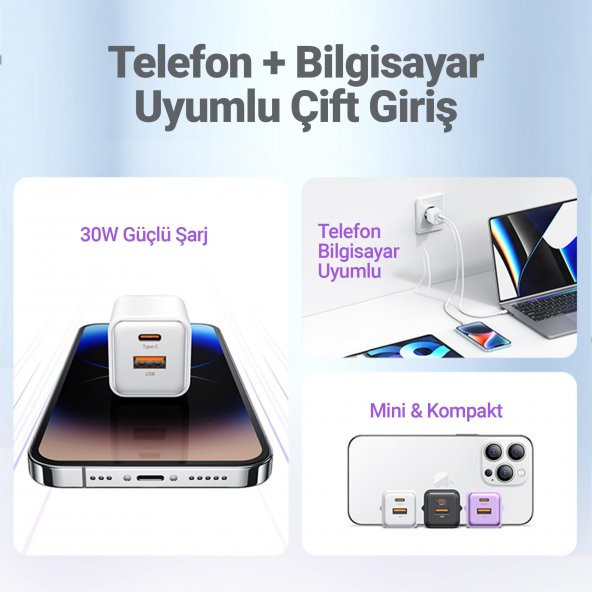 Usams US-CC189B 30W QC+PD (Type-C+USB) Mini Hızlı Şarj Başlığı-Siyah - 2