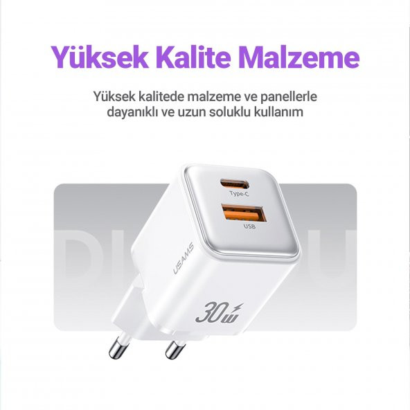 Usams US-CC189P 30W QC+PD (Type-C+USB) Mini Hızlı Şarj Başlığı-Mor - 4