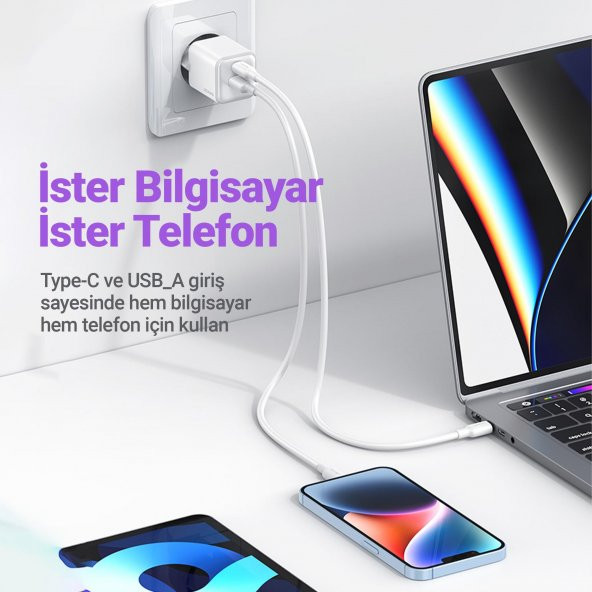Usams US-CC189B 30W QC+PD (Type-C+USB) Mini Hızlı Şarj Başlığı-Siyah - 5