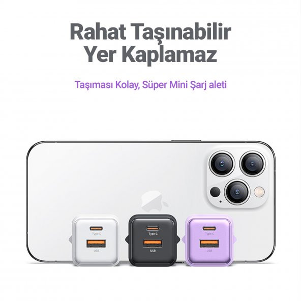 Usams US-CC189B 30W QC+PD (Type-C+USB) Mini Hızlı Şarj Başlığı-Siyah - 6