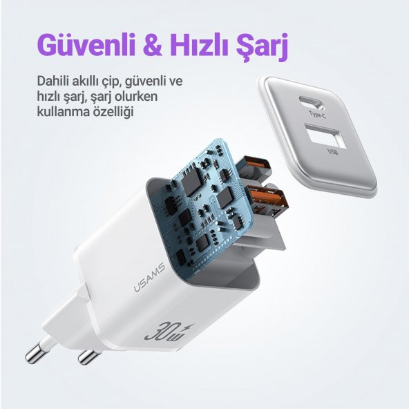 Usams US-CC189B 30W QC+PD (Type-C+USB) Mini Hızlı Şarj Başlığı-Siyah - 7