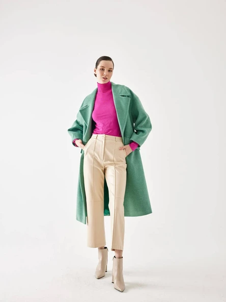 Kol Detaylı Yeşil Çizgili Oversize Kaşe Kaban - 2