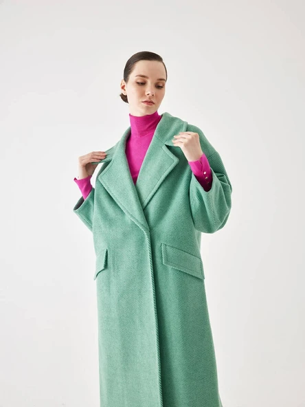 Kol Detaylı Yeşil Çizgili Oversize Kaşe Kaban - 3