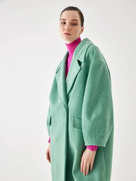 Kol Detaylı Yeşil Çizgili Oversize Kaşe Kaban - 4