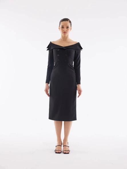 Kayık Yaka Düğme Detay Siyah Midi Elbise ürün görseli 1