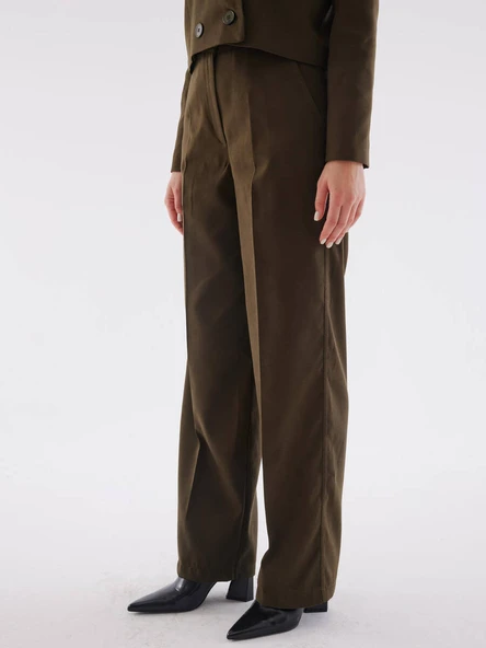 Süet Haki Bol Paça Pantolon - Resim 3