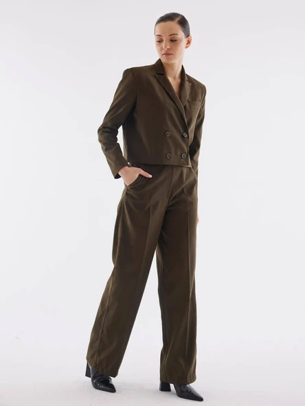 Süet Haki Bol Paça Pantolon ürün görseli 1