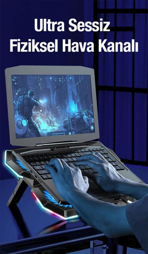 Coofbe Profesyonel Laptop Soğutucu 2 USB Giriş RGB Işıklı Göstergeli 5 Fanlı 7 Farklı Yükseklik Ayarlı - 4
