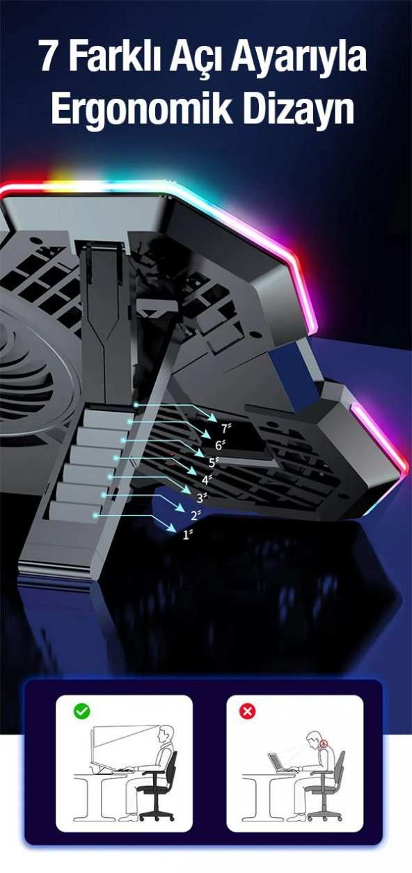 Coofbe Profesyonel Laptop Soğutucu 2 USB Giriş RGB Işıklı Göstergeli 5 Fanlı 7 Farklı Yükseklik Ayarlı - 6