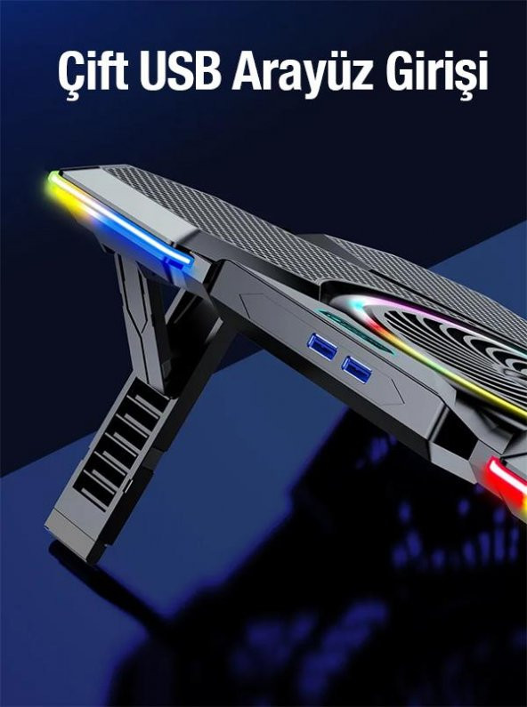 Coofbe Profesyonel Laptop Soğutucu 2 USB Giriş RGB Işıklı Göstergeli 5 Fanlı 7 Farklı Yükseklik Ayarlı - 7