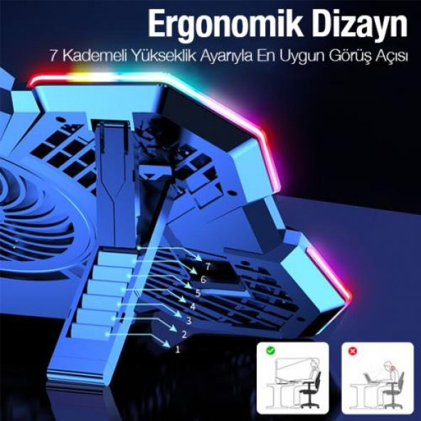 Coofbe Profesyonel Laptop Soğutucu 2 USB Giriş RGB Işıklı Göstergeli 5 Fanlı 7 Farklı Yükseklik Ayarlı - 8