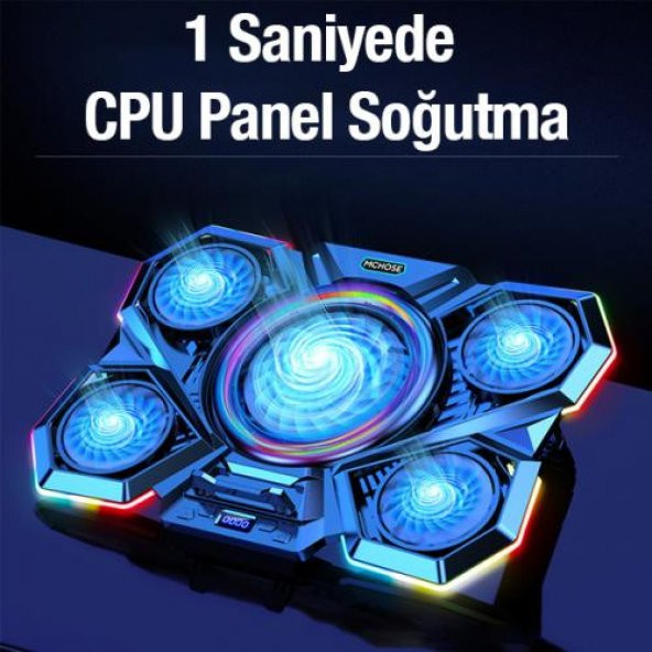 Coofbe Profesyonel Laptop Soğutucu 2 USB Giriş RGB Işıklı Göstergeli 5 Fanlı 7 Farklı Yükseklik Ayarlı - 9