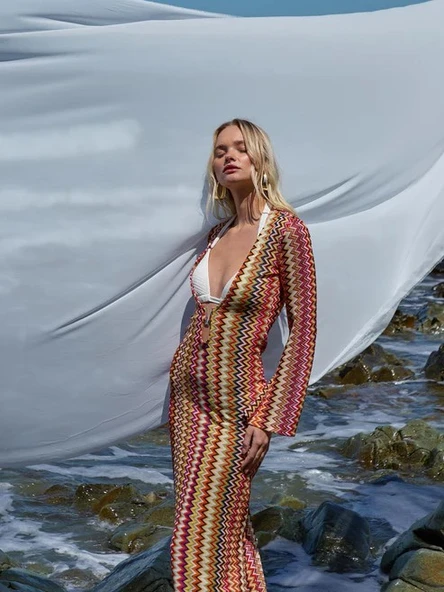 Renkli Desenli Dantel Pareo Elbise - 3