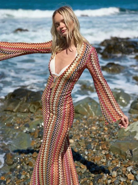 Renkli Desenli Dantel Pareo Elbise - 2