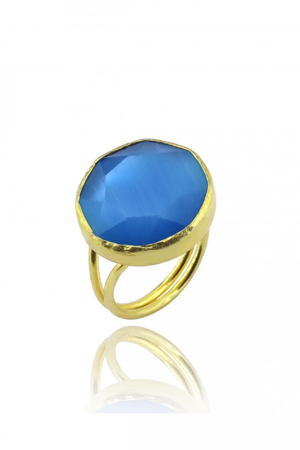 Güneş Taşı Kedi Gözü Yuvarlak Mavi 22 Ayar Gold Altın Sarı Kaplama Kadın Yüzük