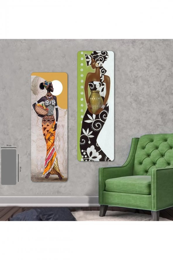 2 Parça Afrikalı Kadınlar Mdf Tablo Seti  - 2Dikey-07 / 30x85