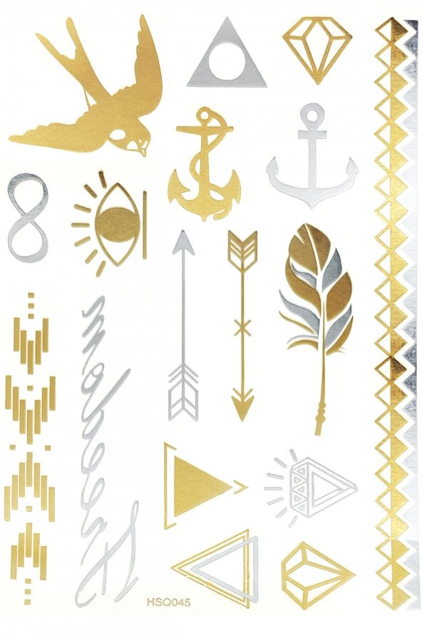 Freedom Gold Karışık Desenli Altın Varaklı Geçici Kadın Dövmesi Gold Tattoo