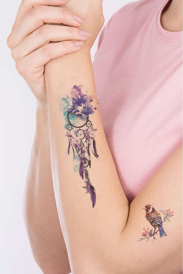 Fantasy Renkli Dreamcatcher ve Kuş Geçici Kadın Dövmesi