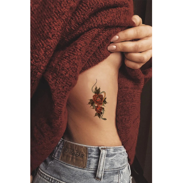 Minimal Yılan ve Çiçek Geçici Dövme Tattoo