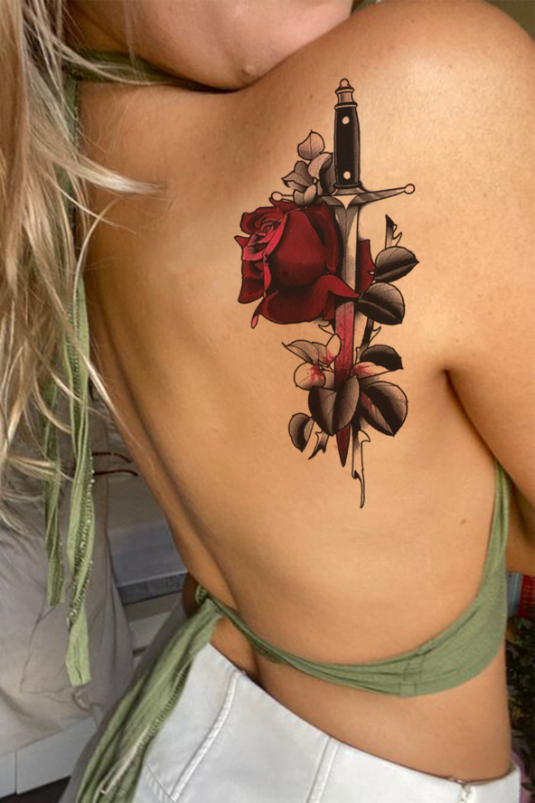 Gerçekçi Dövme Görünümlü Gül ve Kılıç Dövmesi Unisex Tattoo