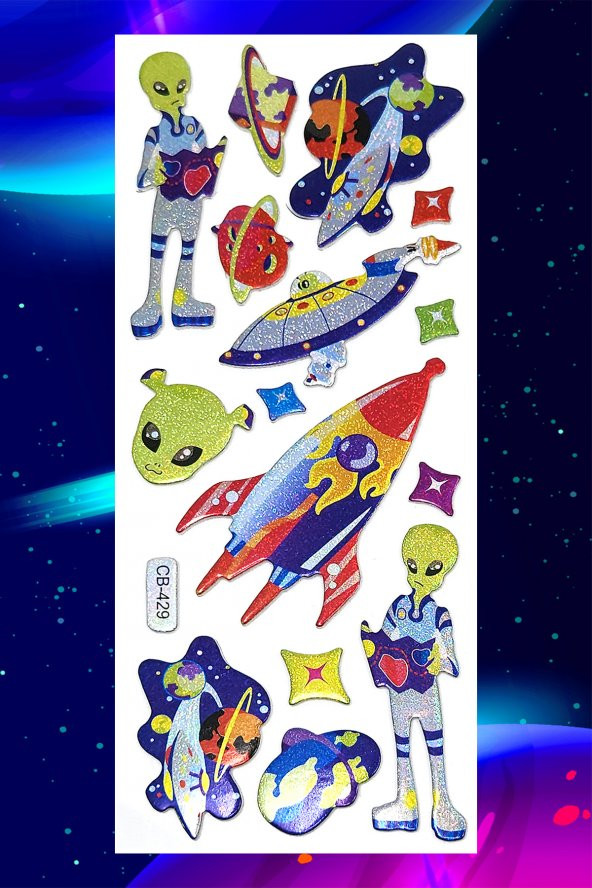 Alien Renkli Uzaylılar Holografik Sticker Seti