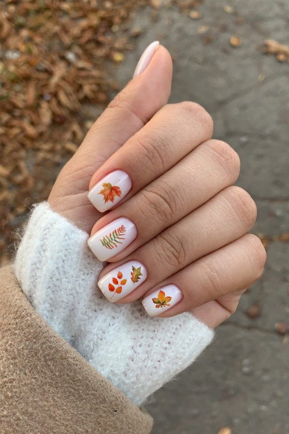 Fall Dökülen Yapraklar Sonbahar Renkli Tırnak Dövmesi Nail Art