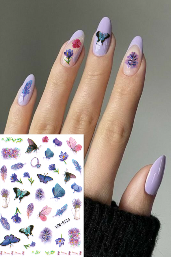 Lavanta ve Kelebek Renkli Tırnak Sticker Nail Art Tırnak Dövme