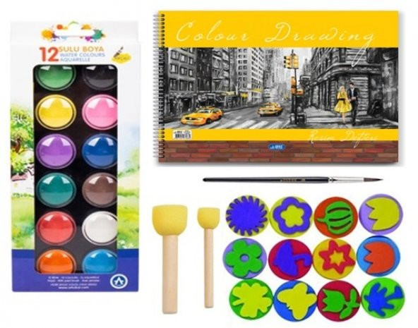 sulu boya baskı seti ponpon fırçalı 25x35 resim defterli ürün görseli 1