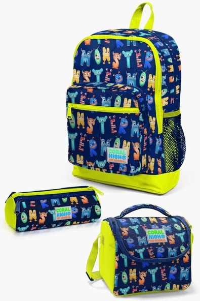 Coral High Kids Lacivert Neon Sarı Monster Desenli 3’lü Okul Çanta Seti - Kız ve Erkek Çocuk