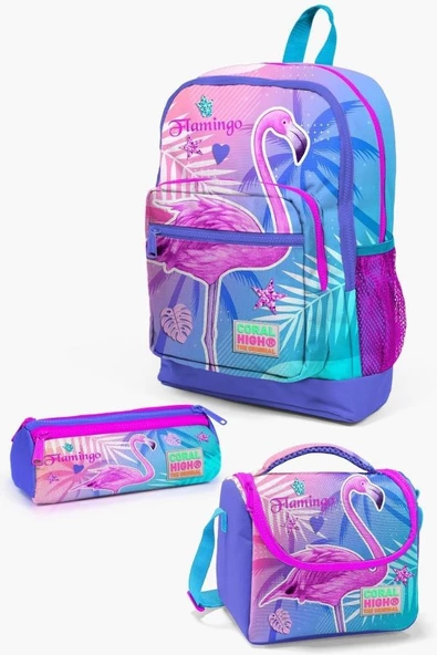 Coral High Kids Lavanta Pembe Flamingo Kız Çocuk 3'lü Okul Çanta Seti
