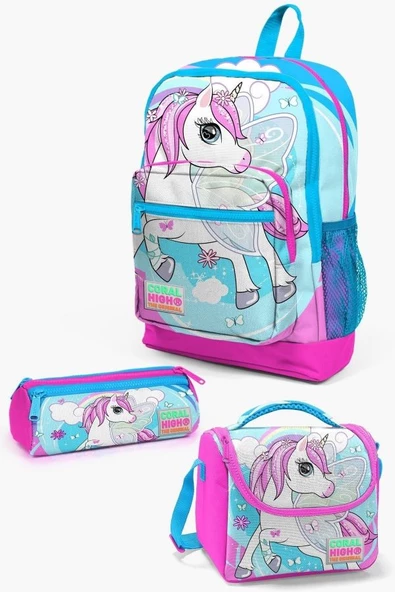 Coral High Kids Mavi Neon Pembe Unicorn Desenli 3’lü Okul Çanta Seti - Kız Çocuk