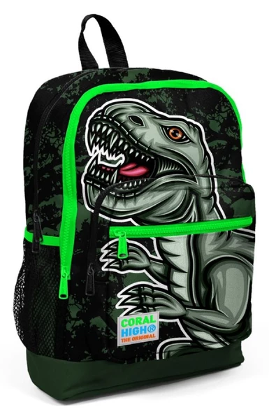 Coral High Kids Koyu Yeşil Siyah Dinazor Desenli 3'lü İlkokul Erkek Çocuk Çanta Seti - 2