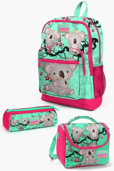 Coral High Kids Su Yeşili Neon Mercan Koala Desenli 3'lü İlkokul Çanta Seti - Kız Çocuk