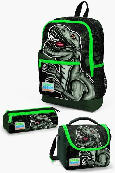 Coral High Kids Koyu Yeşil Siyah Dinazor Desenli 3'lü İlkokul Erkek Çocuk Çanta Seti