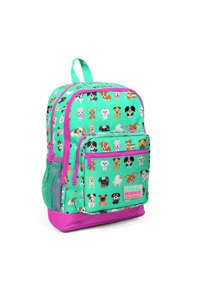Coral High Kids Su Yeşili Neon Pembe Köpek Desenli 3'lü Okul Çanta Seti - 2