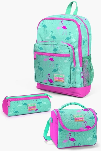 Coral High Kids Su Yeşili Neon Pembe Flamingo Desenli 3’lü Okul Çanta Seti