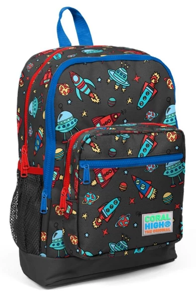 Coral High Kids Koyu Gri Kırmızı Uzay Desenli 3'lü Okul Çanta Seti - Resim 2