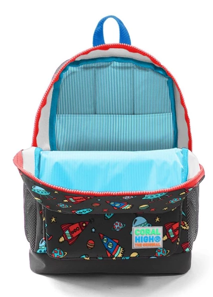 Coral High Kids Koyu Gri Kırmızı Uzay Desenli 3'lü Okul Çanta Seti - Resim 3