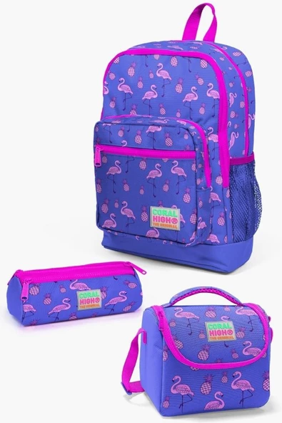 Coral High Kids Lavanta Pembe Flamingo Desenli 3’lü Okul Çanta Seti
