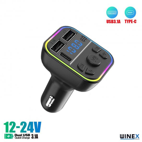 Winex G39 Fm Handsfree Bluetooth Modülatör MP3 Player Type-C Çıkışlı Araç Şarj Aleti - 4