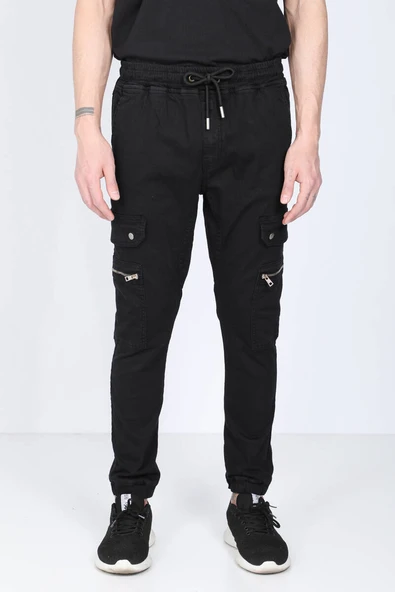 Erkek Siyah Kargo Cepli Jogger Pantolon - 1