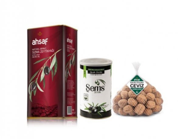 Natürel Birinci Zeytinyağı 5 lt Teneke Kutu + Şems Siyah Zeytin 900 Gr 231-260 Kalibre Teneke Kutu + Kabuklu Ceviz 1 kg File