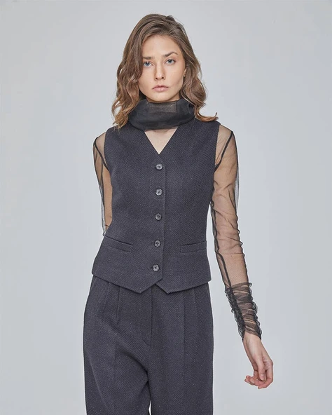 Örme Siyah Palazzo Pantolon-Yelek Takım - 2